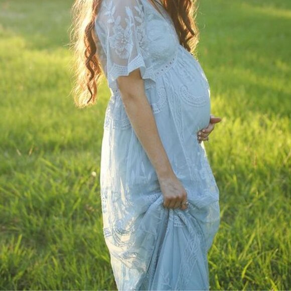 PINKBLUSH Light Blue Maternity Lace Mesh Overlay Maxi Dress - Picture 6 of 11